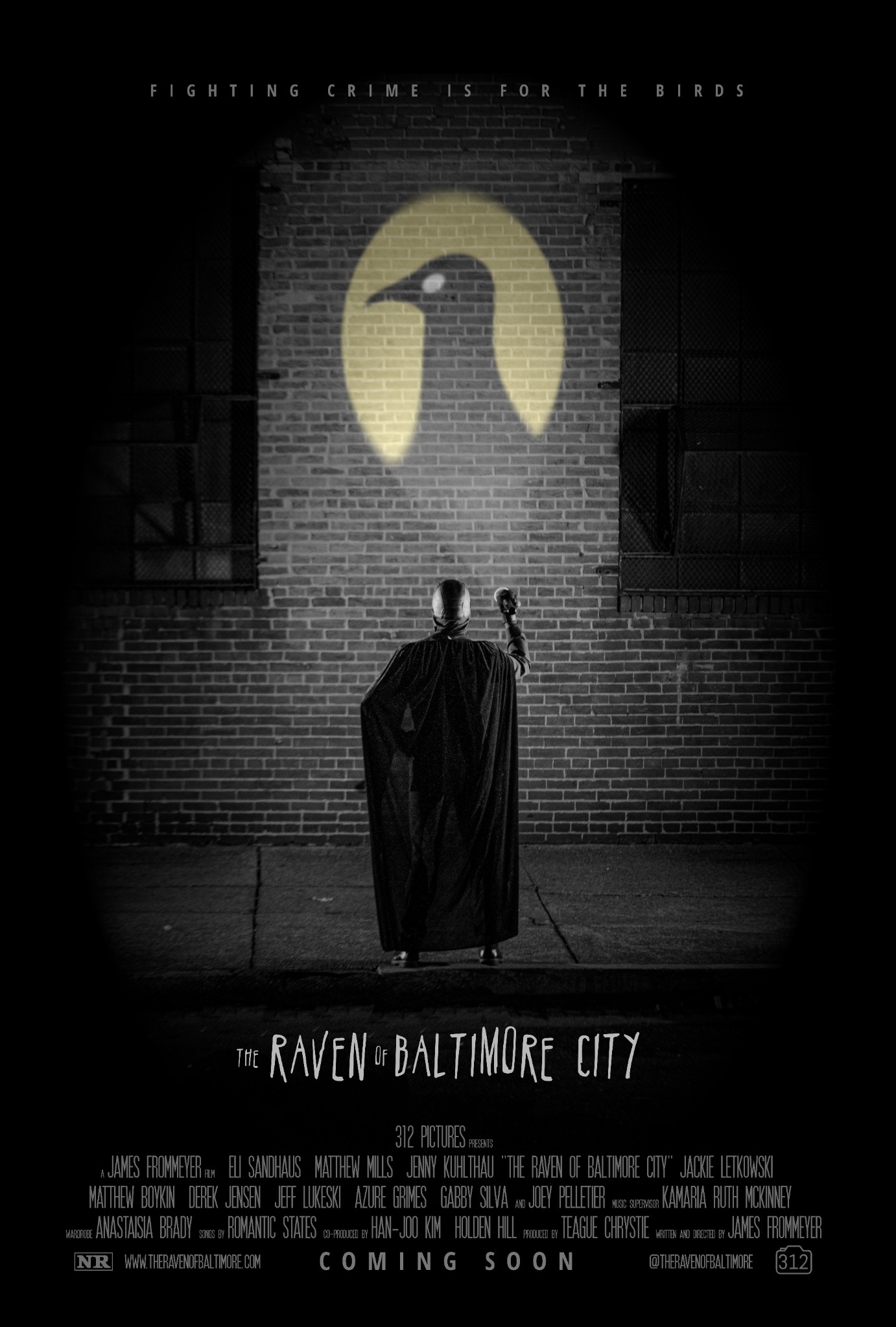 The Raven of Baltimore City one-sheet poster, showing the Raven facing a projected bird symbol on a brick wall.